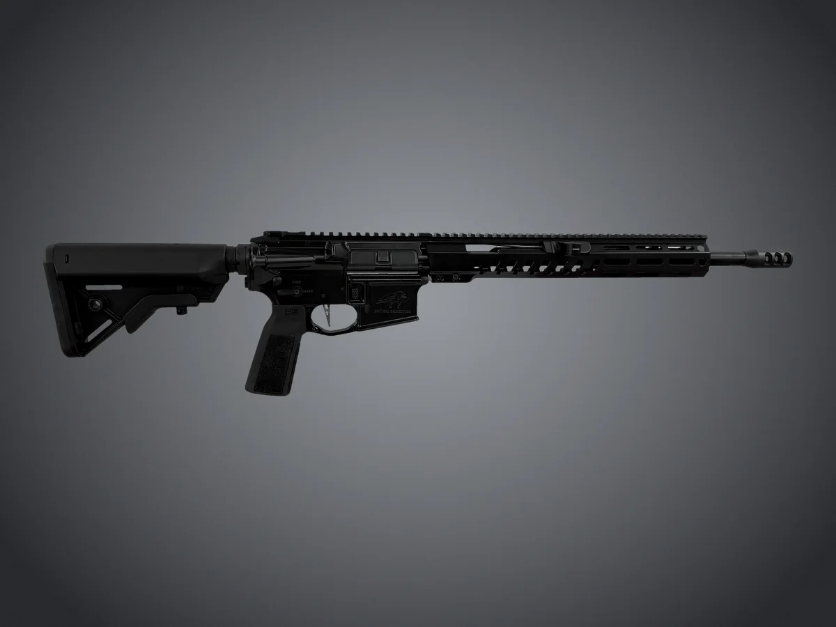 02 Talon rifle in black Cerakote, left side