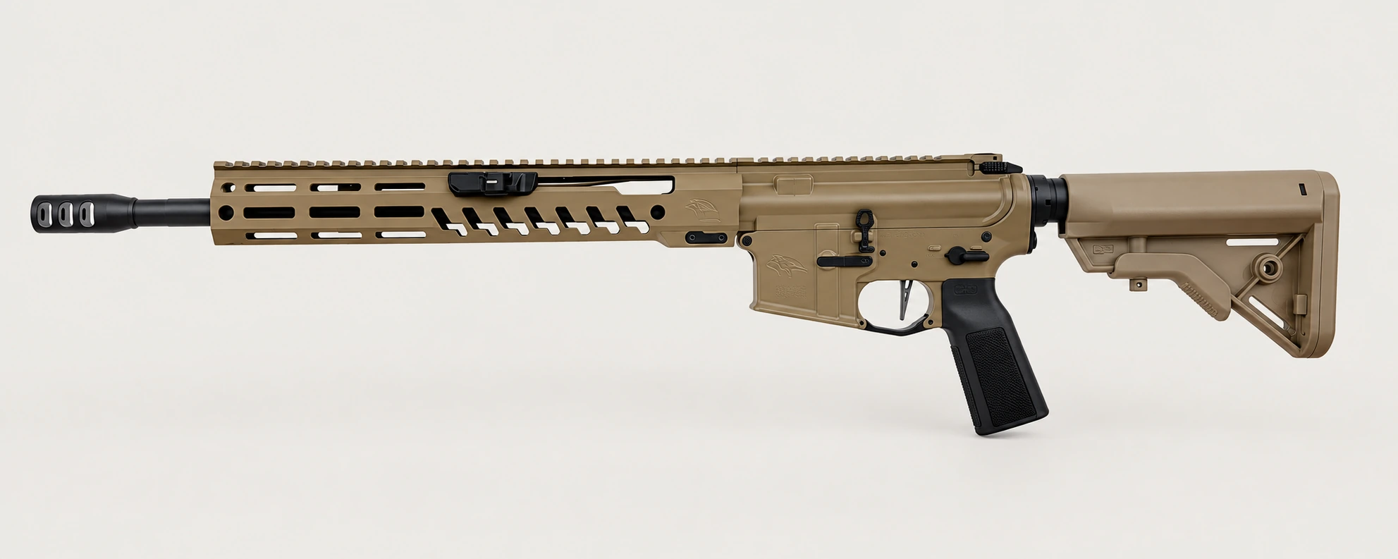 02 Talon rifle in Cerakote FDE, left side, showing the forward charging handle on the handguard